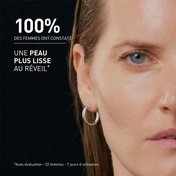 Filorga Time-Filler Night 5XP, close-up of a woman's face with study results in French