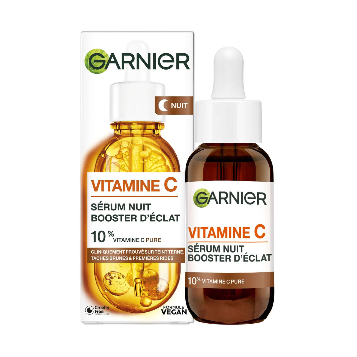 Garnier Vitamin C Night Serum Radiance Booster 30ml, front of the glass bottle