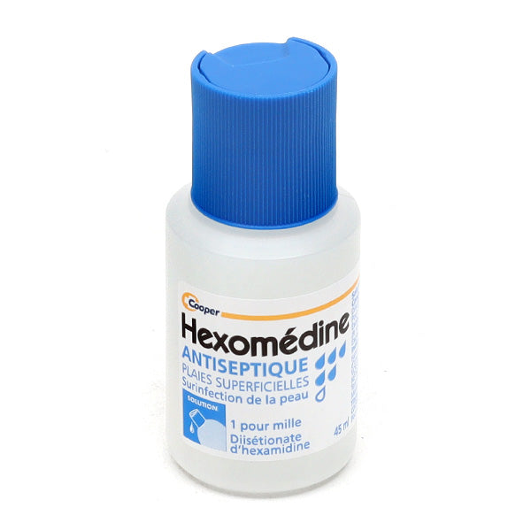 Hexomedine Antiseptic Solution for Cuts, Blemishes & Acne 45ml, front of the bottle
