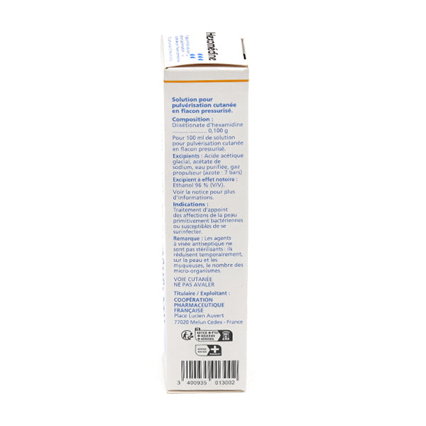 Hexomedine Spray, side of the box with barcode and product information