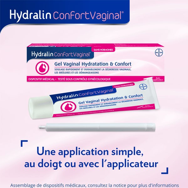 Hydralin Confort Vaginal, box, tube and applicator on pink with text in French