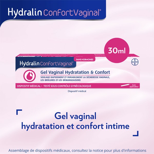 Hydralin Confort Vaginal 30ml, box on a pink background with text in French