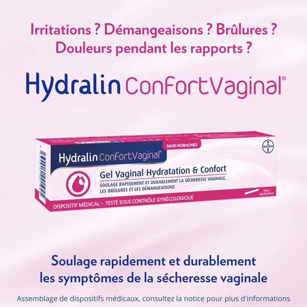 Hydralin Confort Vaginal, box on a pink background with questions in French