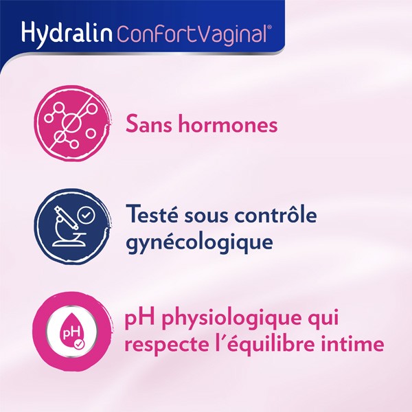 Hydralin Confort Vaginal, three feature icons in French