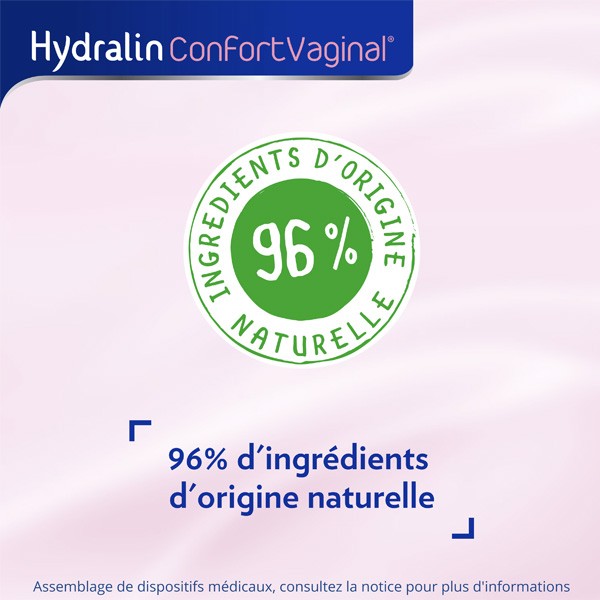 Hydralin Confort Vaginal, natural-origin ingredients badge in French