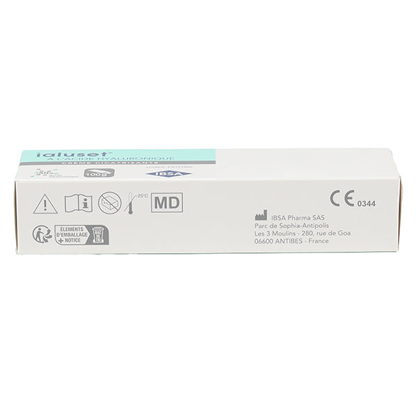 Ialuset Hyaluronic Acid Cream, side of the box with CE mark and pictograms