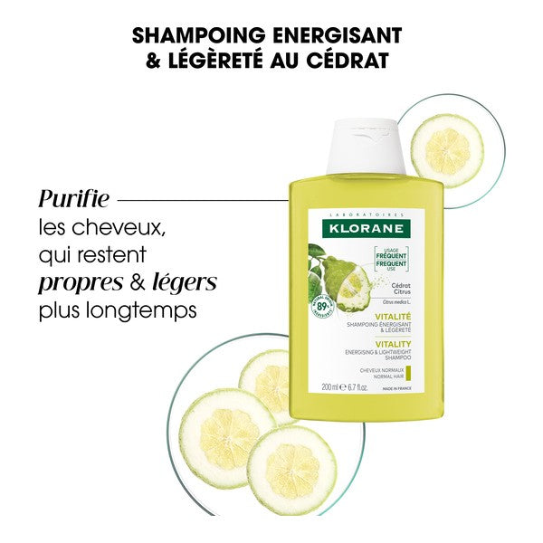 Klorane Citron, bottle with citron slices and benefits in French