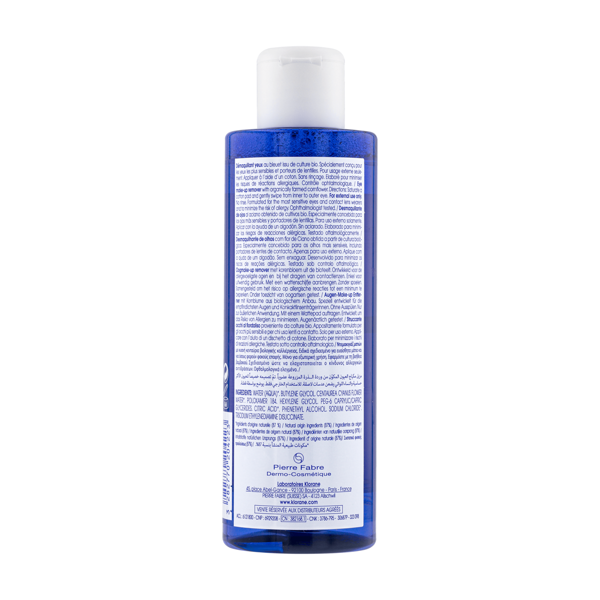 Klorane Cornflower, back label with ingredient list