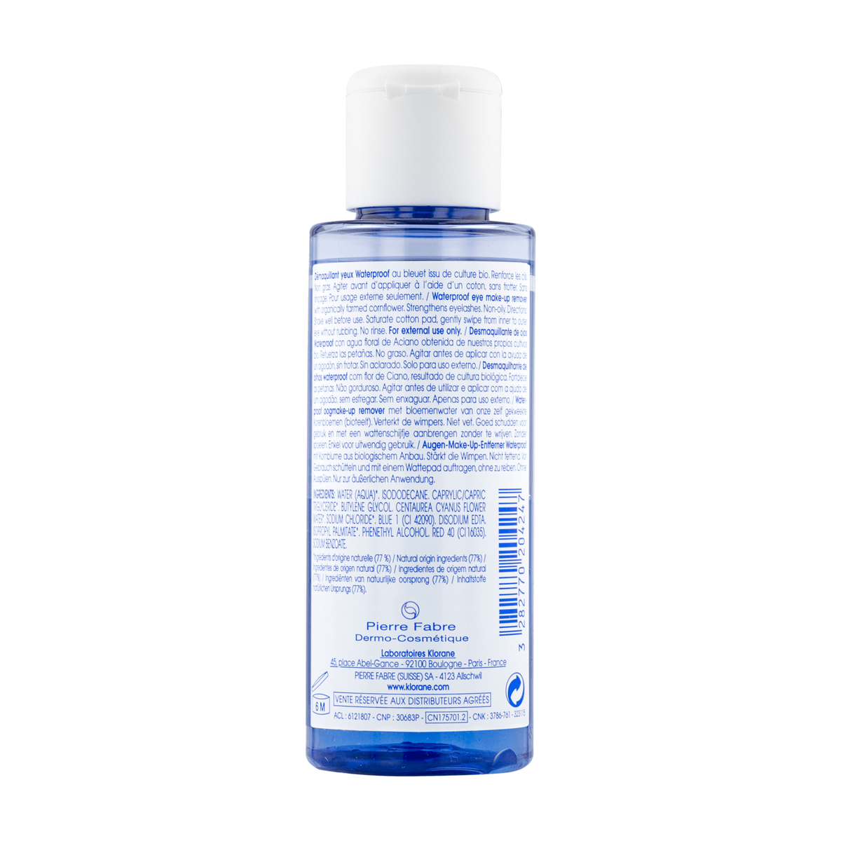 Klorane Cornflower, back label with ingredient list
