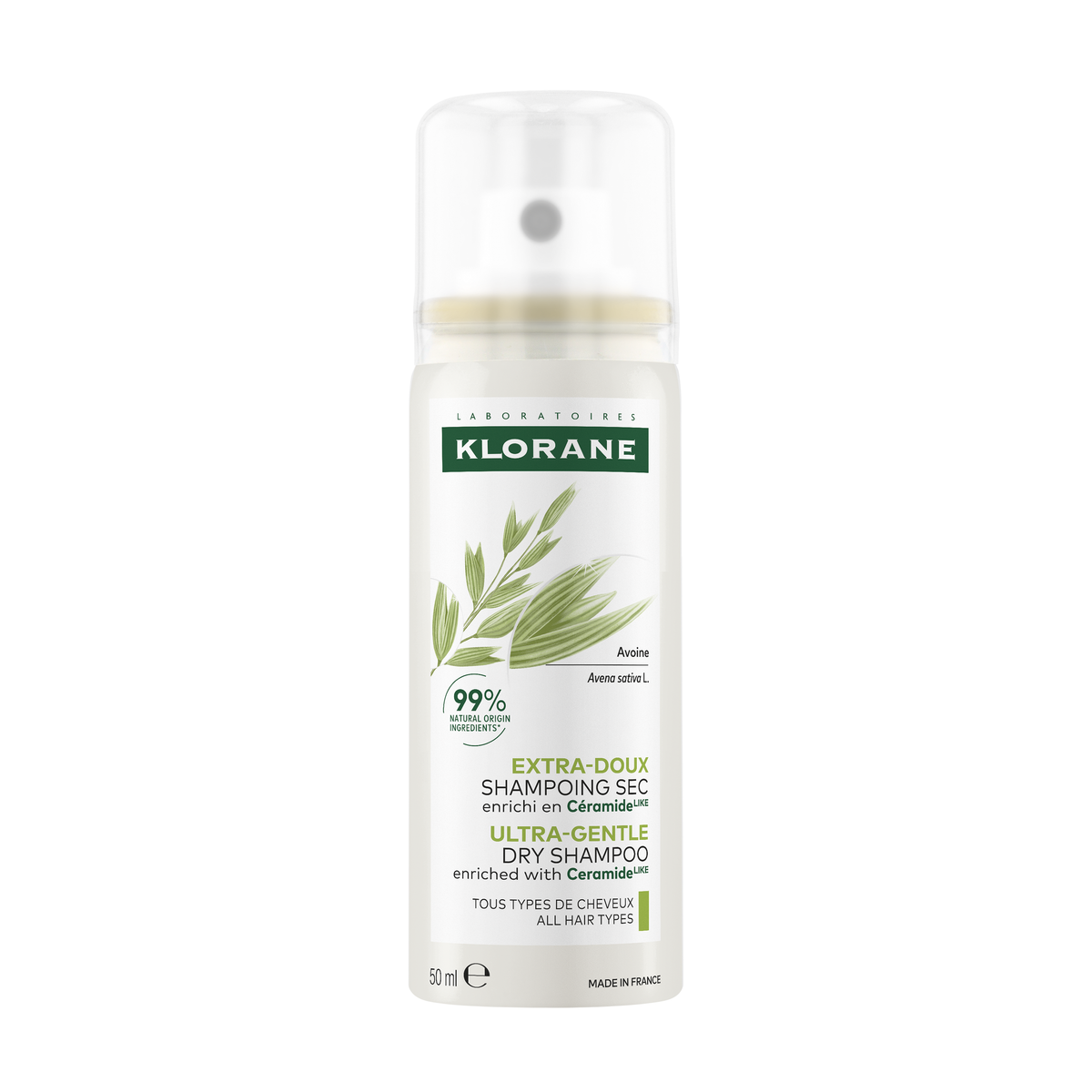 Klorane Dry Shampoo with Oat Milk 50ml, front of the spray can