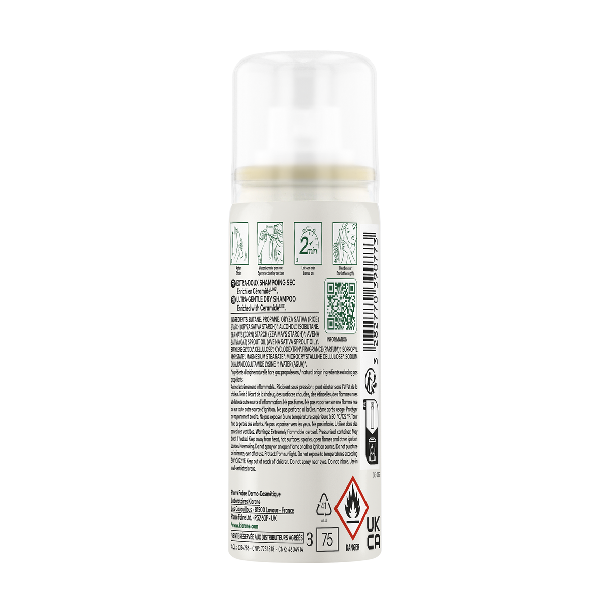 Klorane Oat Milk Dry Shampoo, back label with ingredient list