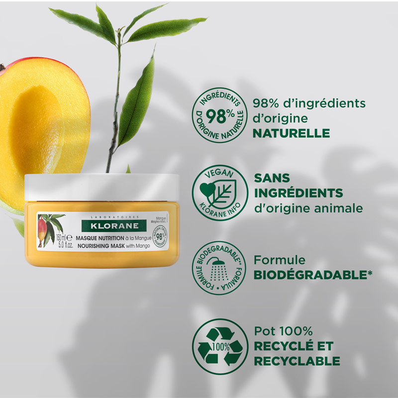 Klorane Mango, jar with mango and four feature icons in French