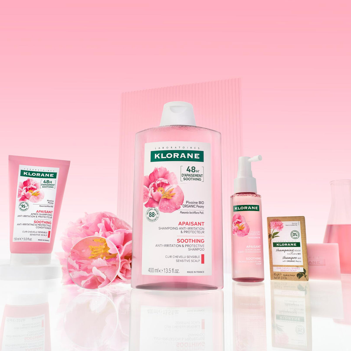Klorane Peony, range of four products with peonies on a pink background
