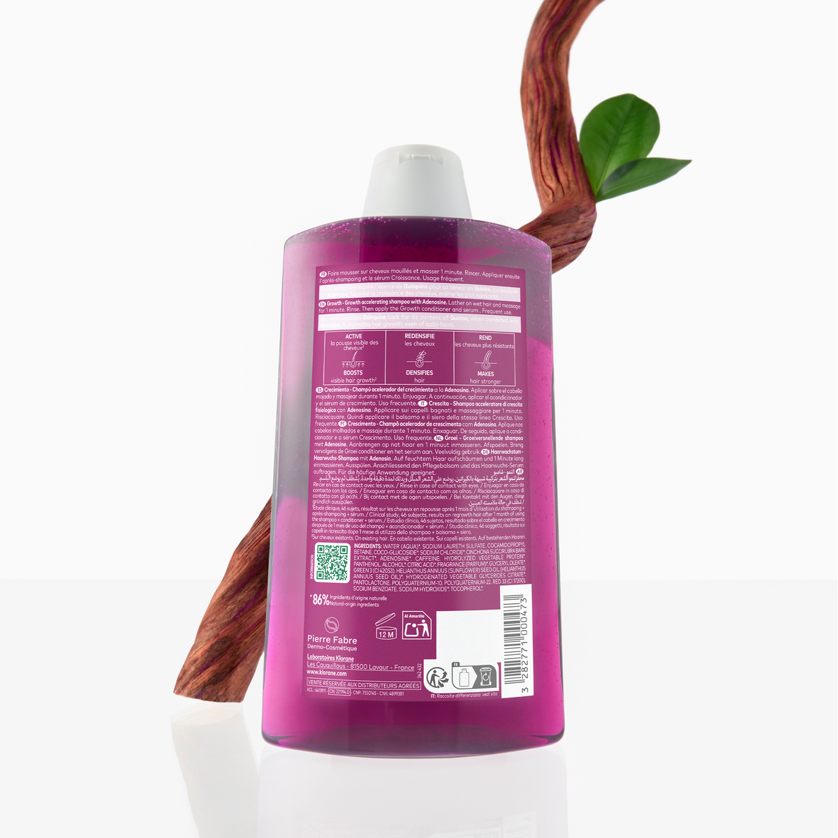 Klorane Quinine Croissance, back label with ingredient list