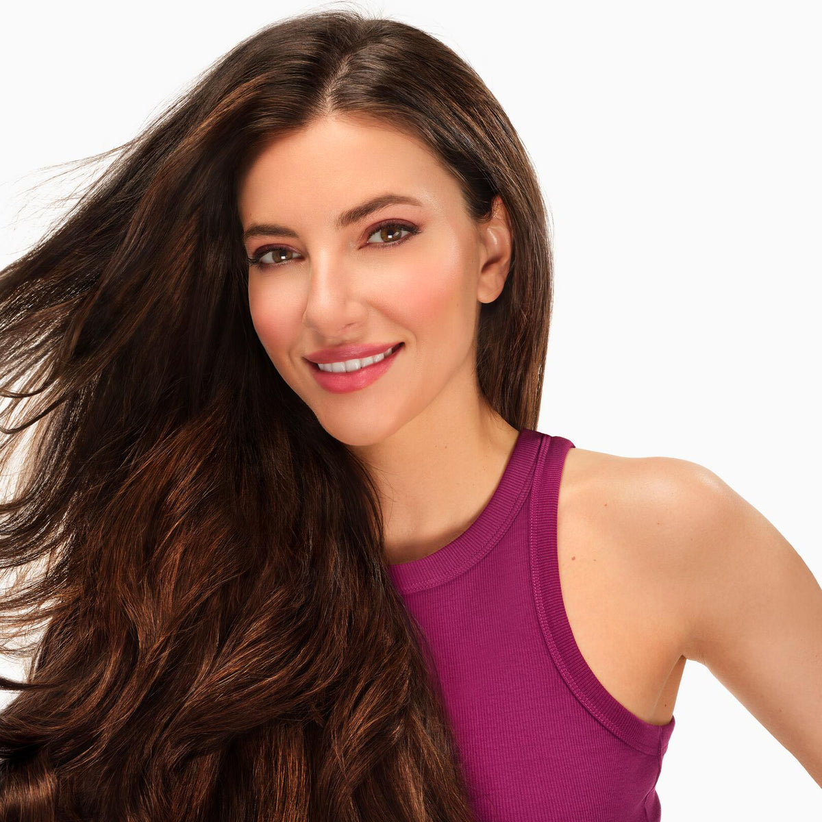 Klorane Quinine, smiling woman with long brown hair