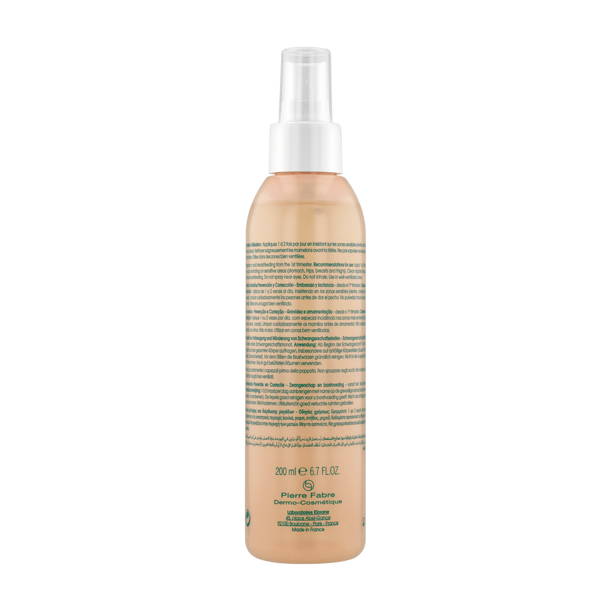 Klorane Stretch Mark Oil 200ml, back of the spray bottle with directions