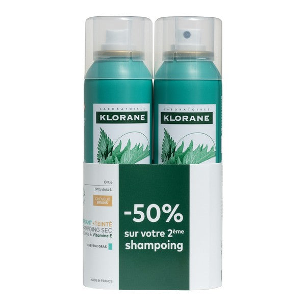 Klorane Nettle Tinted Dry Shampoo, pack of 2 spray cans with a promotional sleeve in French