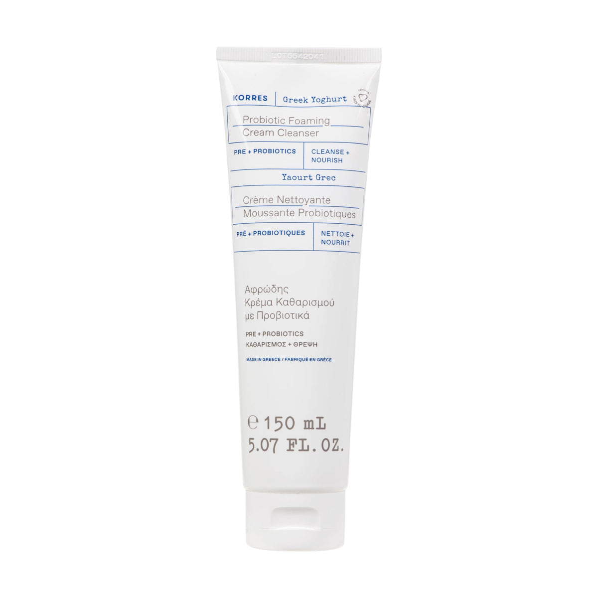 Korres Greek Yoghurt Probiotic Foaming Cream Cleanser 150ml, front of the tube