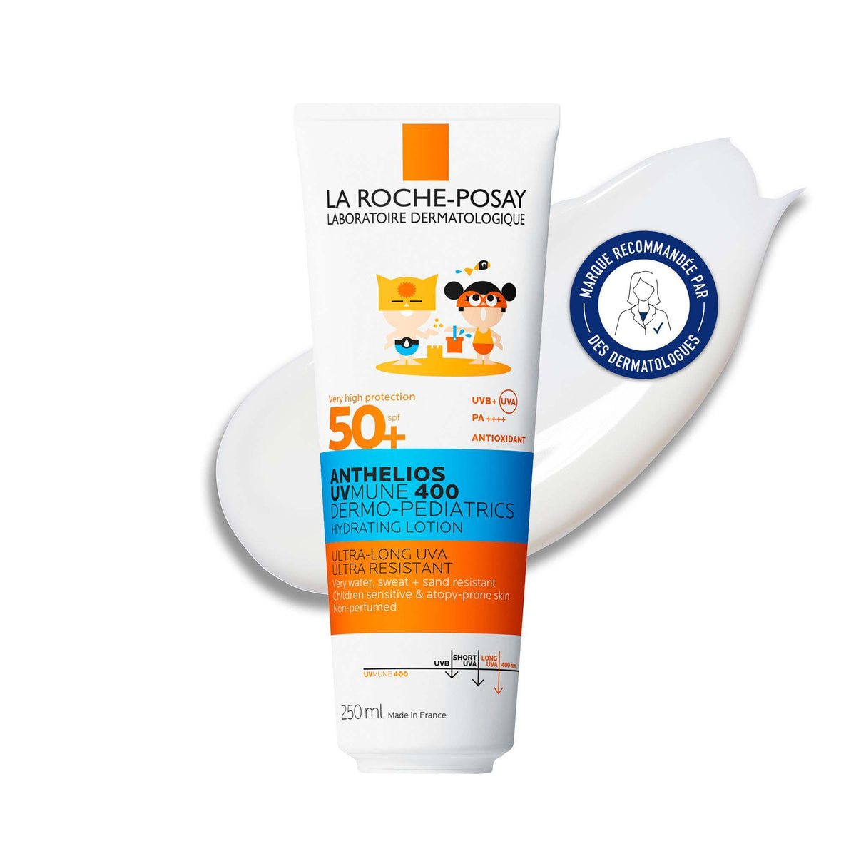 La Roche-Posay Anthelios 250ml, tube and milk texture swatch