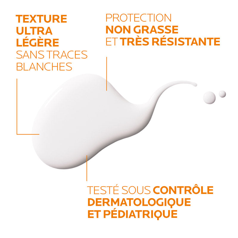 La Roche-Posay Anthelios, lotion texture swatch with text in French