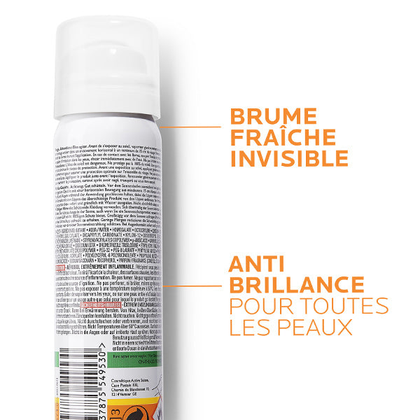 La Roche-Posay Anthelios, back of the spray can with feature callouts in French