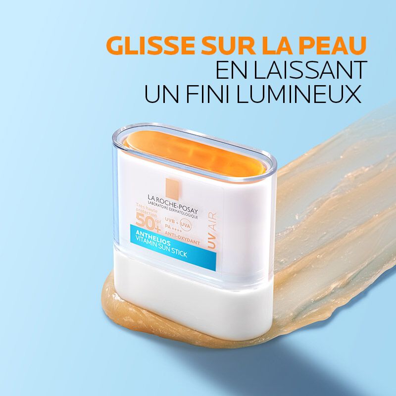 La Roche-Posay Anthelios, stick on a balm swatch with a caption in French