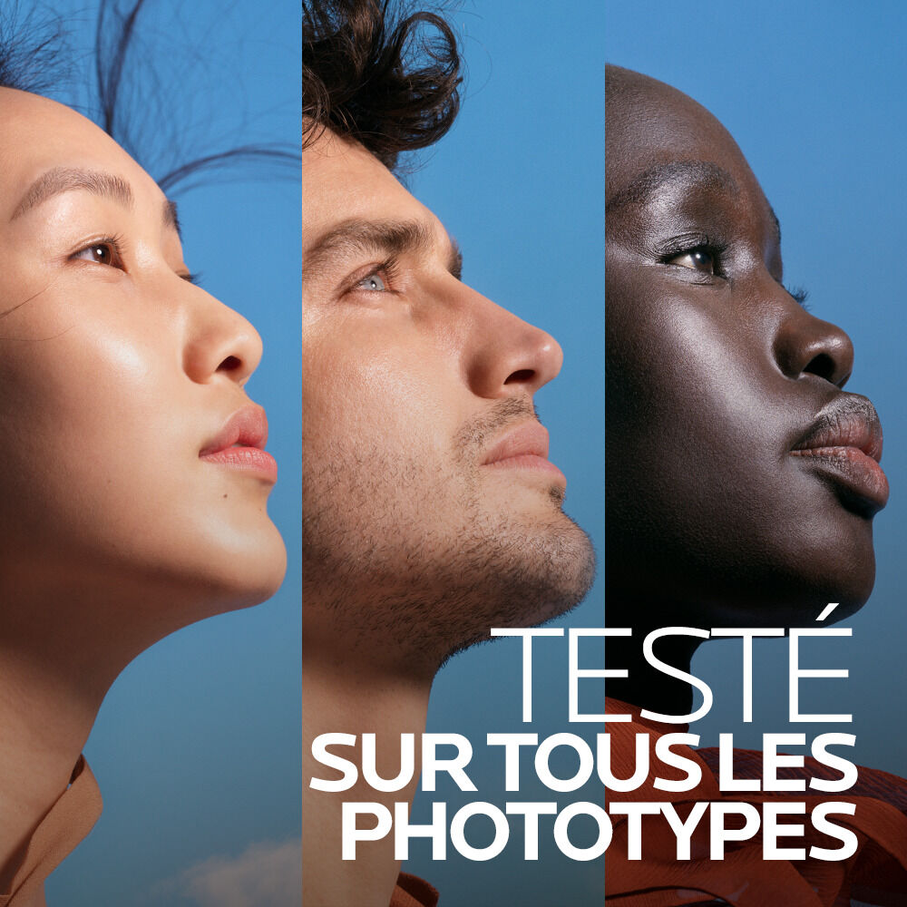 La Roche-Posay Anthelios, three faces in profile with a caption in French