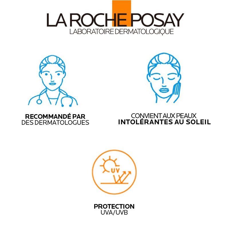 La Roche-Posay Anthelios, three feature icons with captions in French