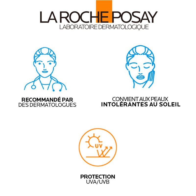 La Roche-Posay Anthelios, three feature icons with captions in French