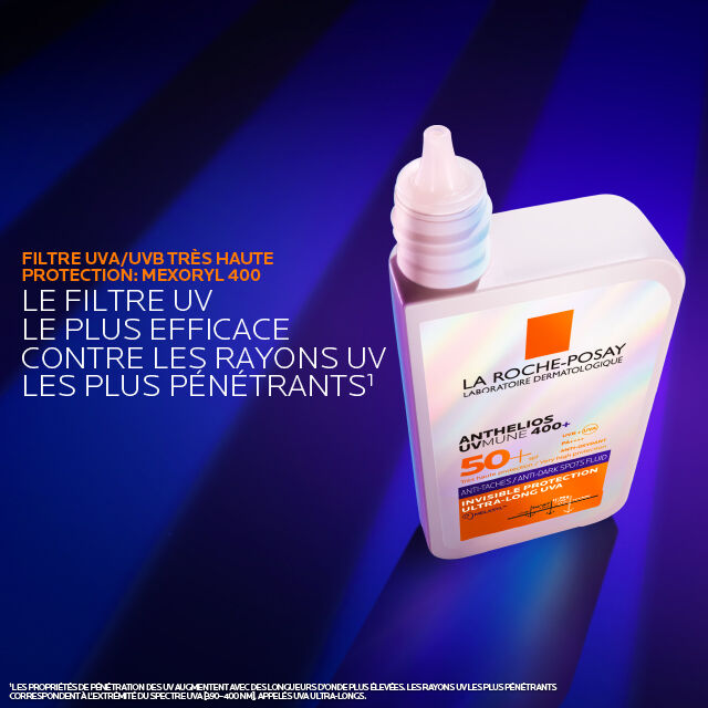 La Roche-Posay Anthelios, open bottle with a Mexoryl 400 caption in French