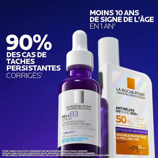 La Roche-Posay Anthelios, Mela B3 serum and the bottle with study results in French