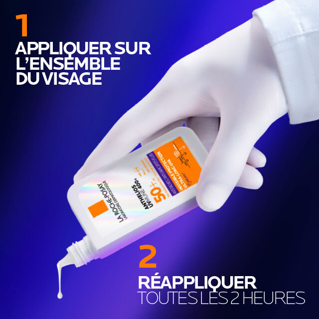 La Roche-Posay Anthelios, gloved hand with two-step directions in French