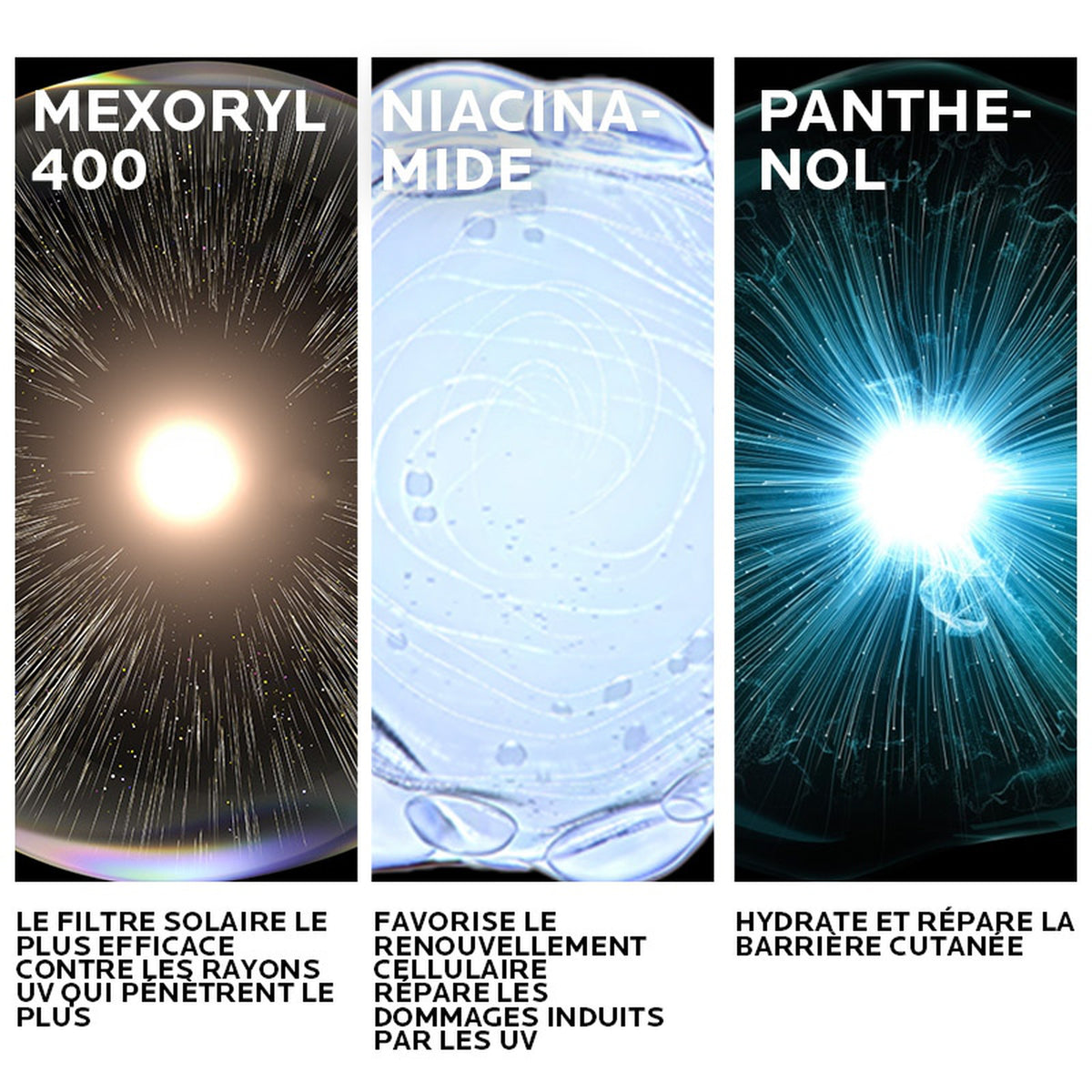 Key filters and actives of Anthelios UVMUNE 400: Mexoryl 400, niacinamide and panthenol