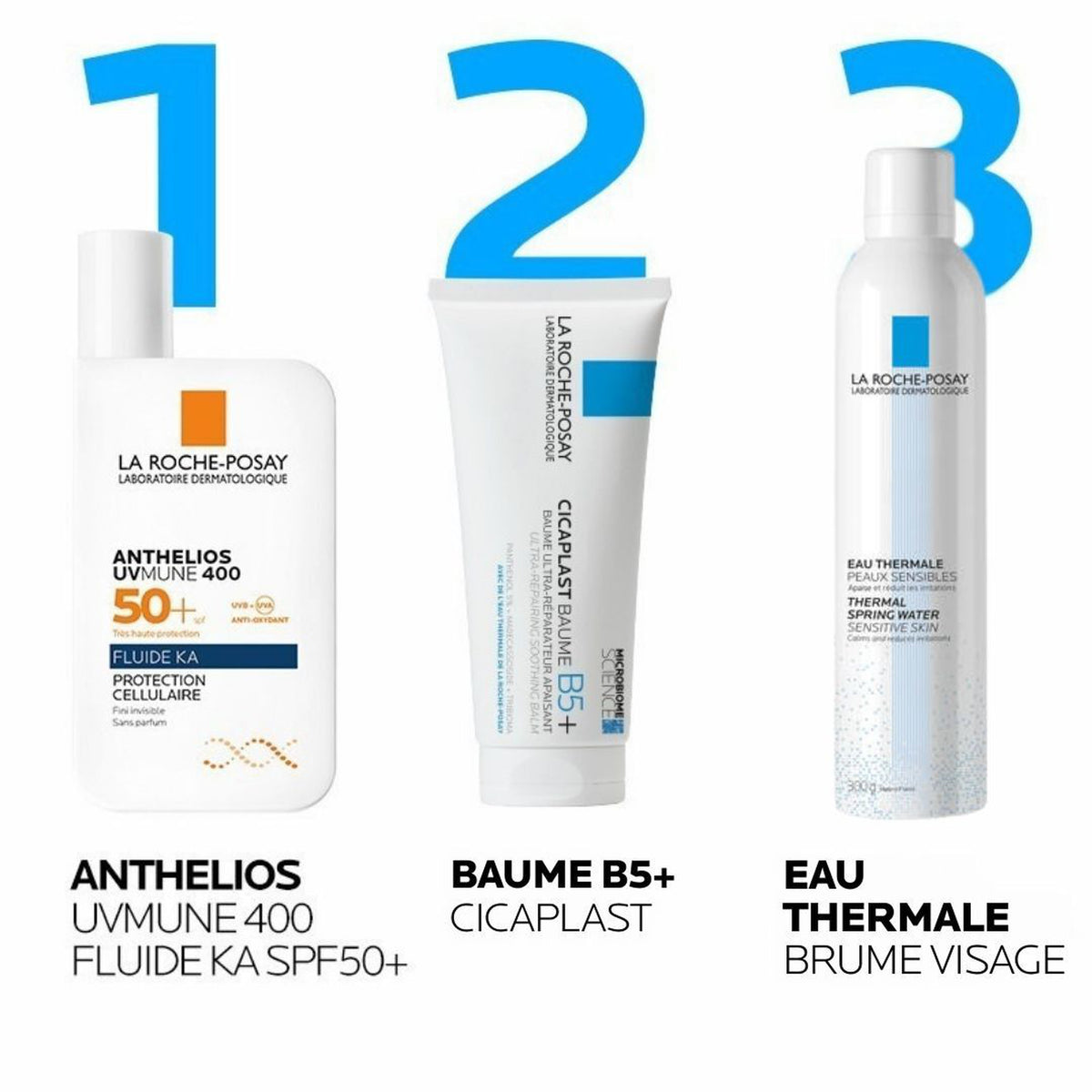 Three-step routine: Anthelios UVMUNE 400, Cicaplast Baume B5+ and La Roche-Posay Thermal Spring Water