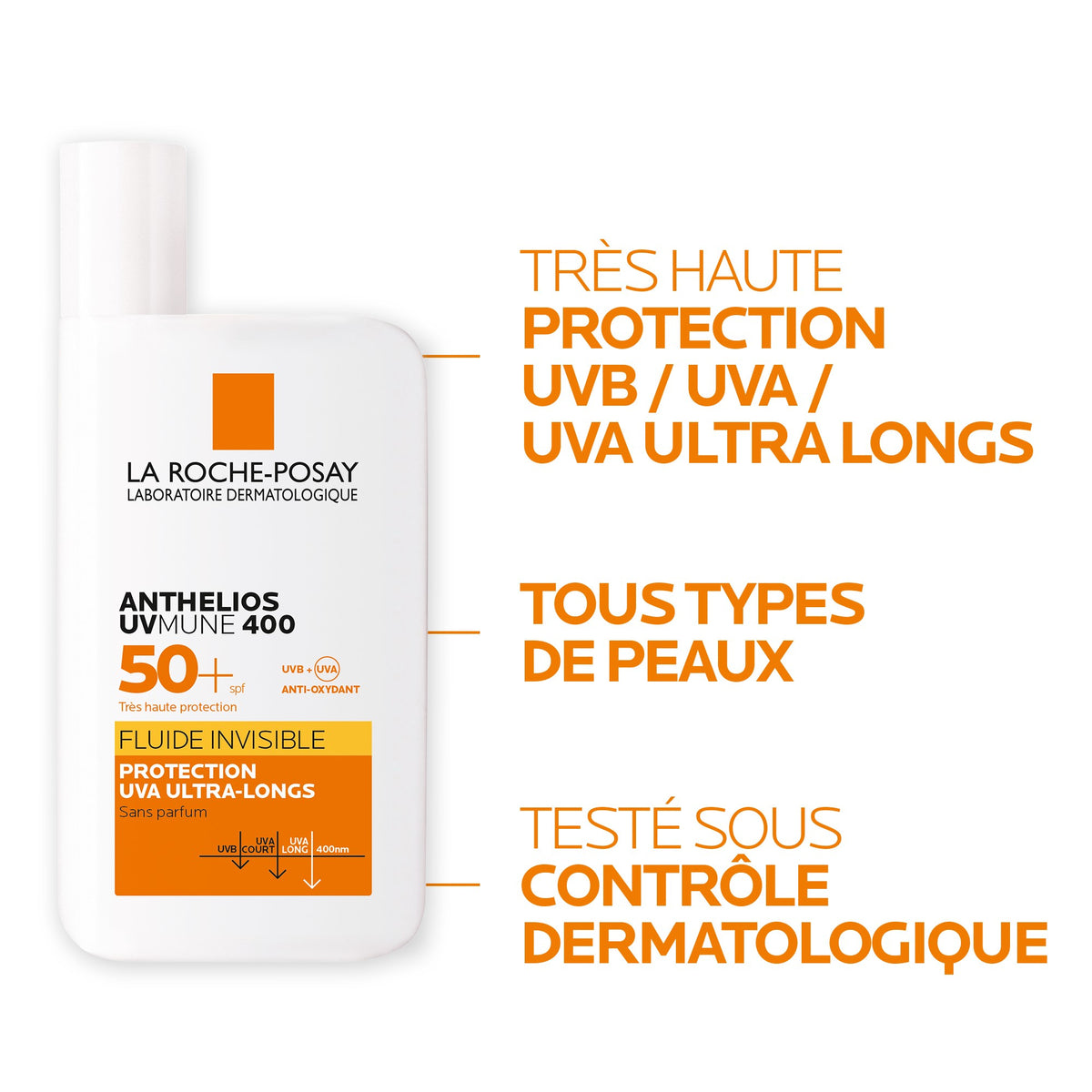 La Roche-Posay Anthelios UVMune 400 Invisible Fluid SPF 50+ shown with very high protection, all skin types and