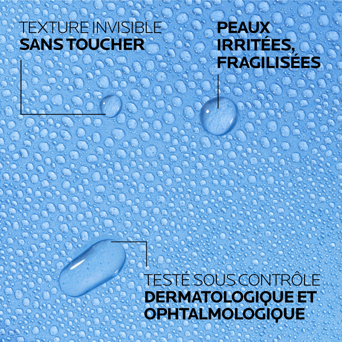 La Roche-Posay Cicaplast, droplets on a blue background with captions in French
