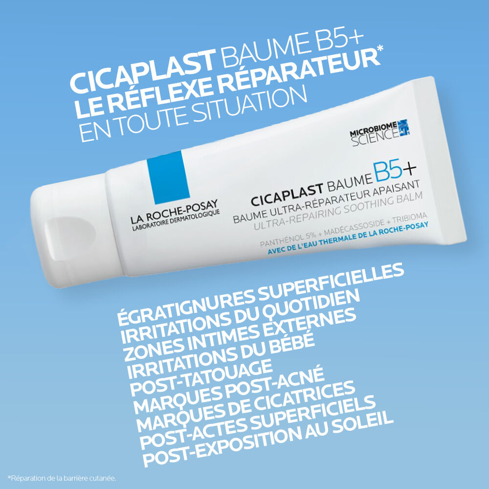 La Roche-Posay Cicaplast, tilted tube with a list of uses in French