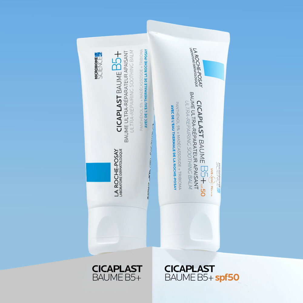 La Roche-Posay Cicaplast, Baume B5+ and Baume B5+ SPF50 tubes side by side