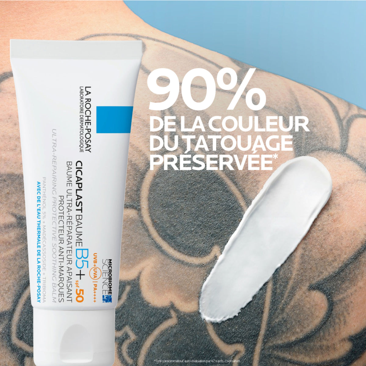 La Roche-Posay Cicaplast, tube and balm swatch on tattooed skin with text in French