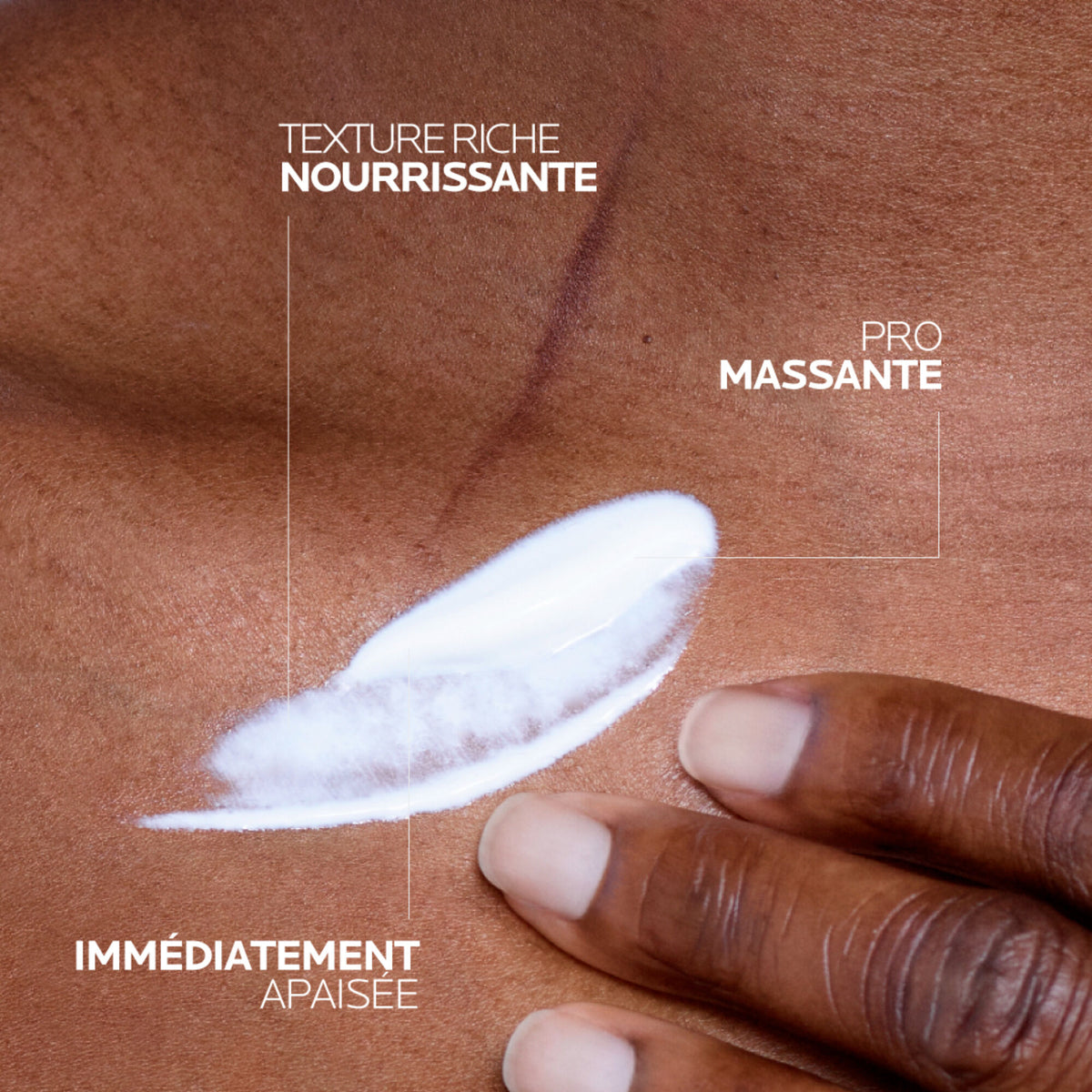 La Roche-Posay Cicaplast, balm spread on deep skin with captions in French
