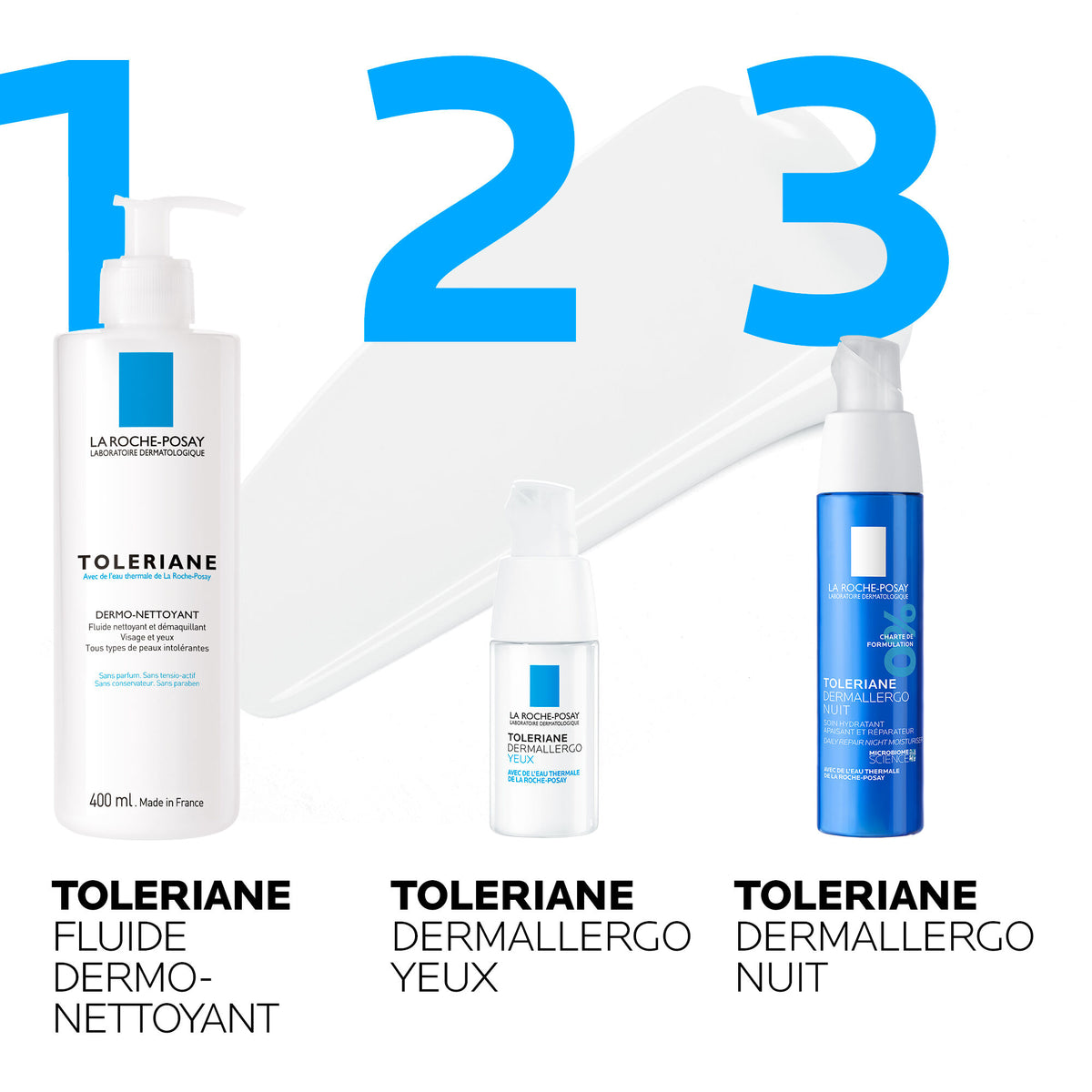 La Roche-Posay Toleriane Dermallergo, three-step routine with the cleansing fluid, eye cream and night cream