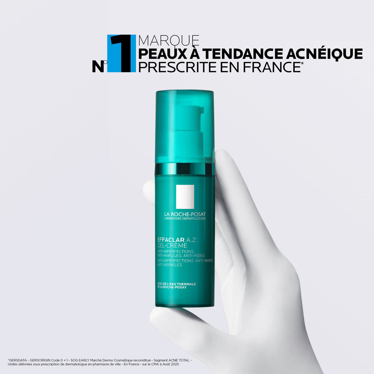 La Roche-Posay Effaclar, gloved hand holding the pump bottle