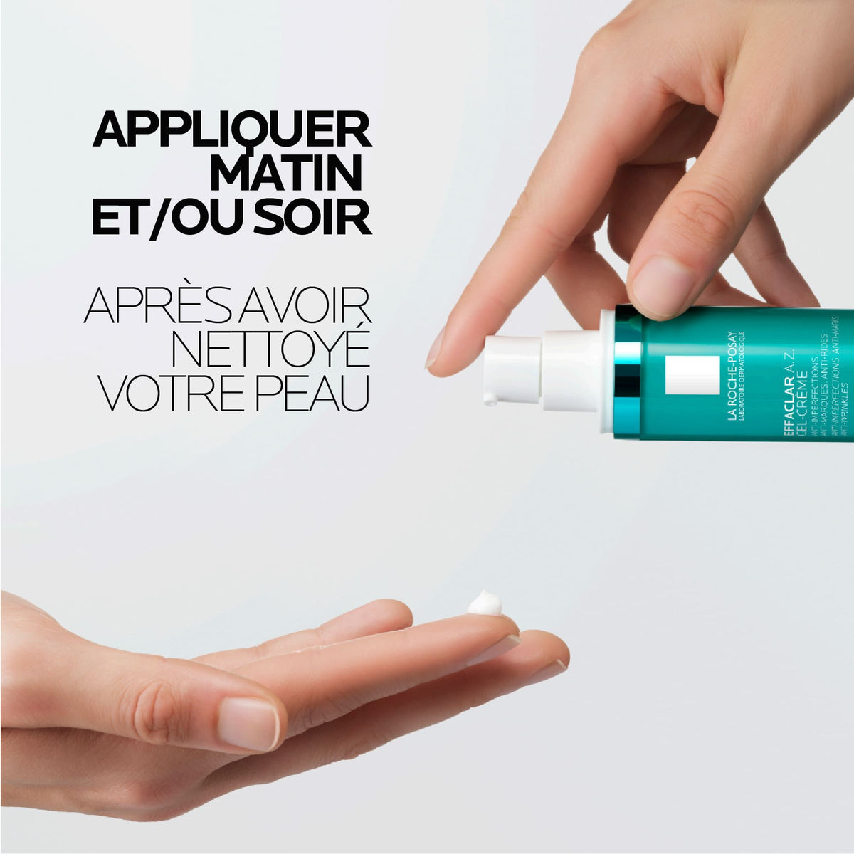 La Roche-Posay Effaclar, pump bottle dispensing onto a palm with directions in French