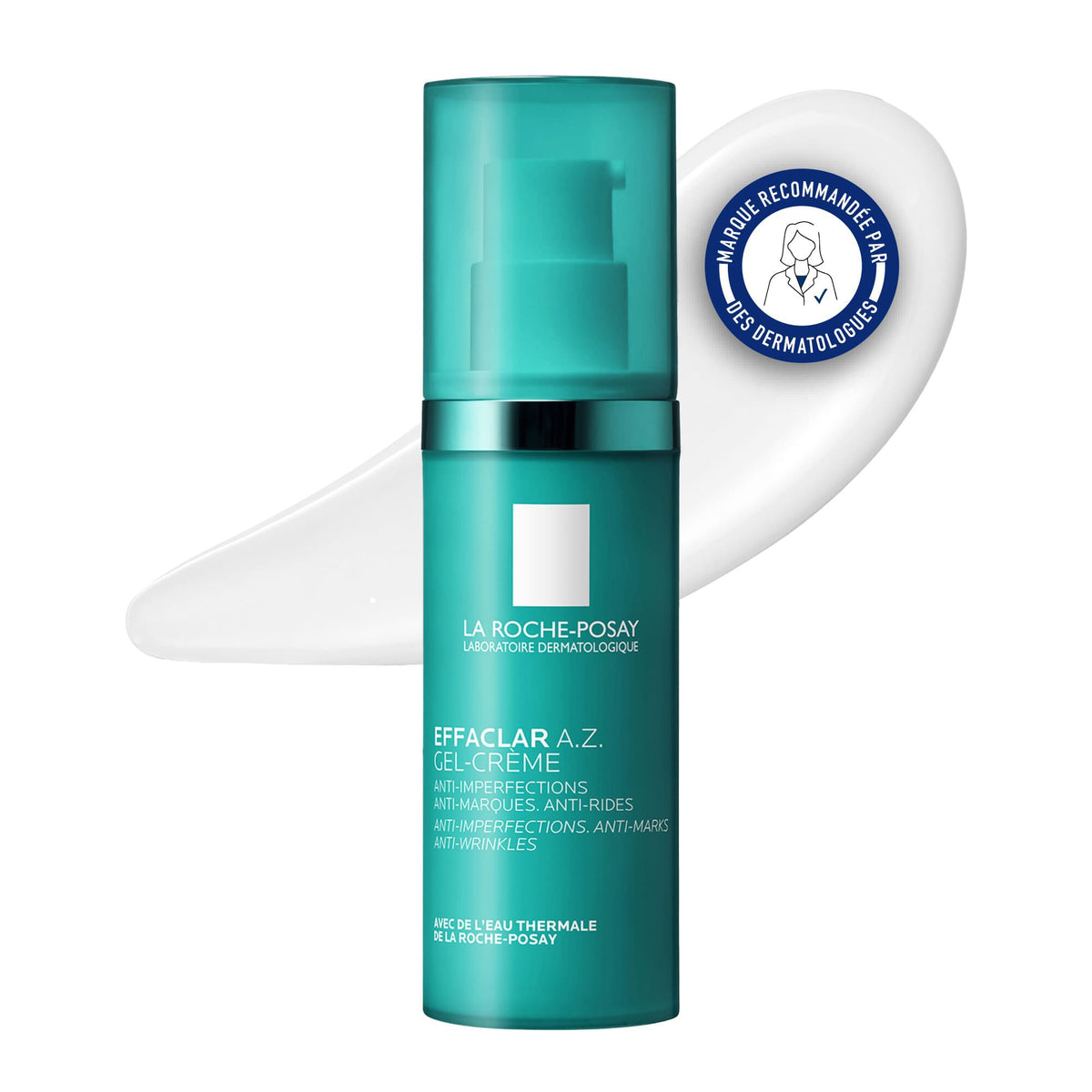 La Roche-Posay Effaclar, pump bottle and gel-cream texture swatch