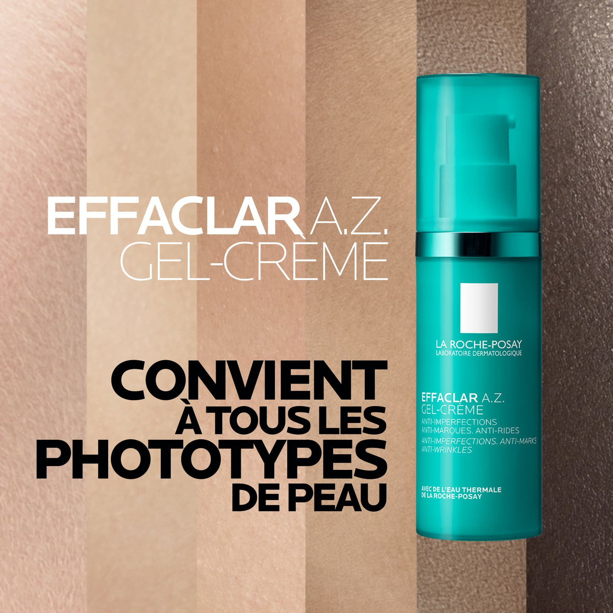 La Roche-Posay Effaclar, pump bottle over a band of skin tones