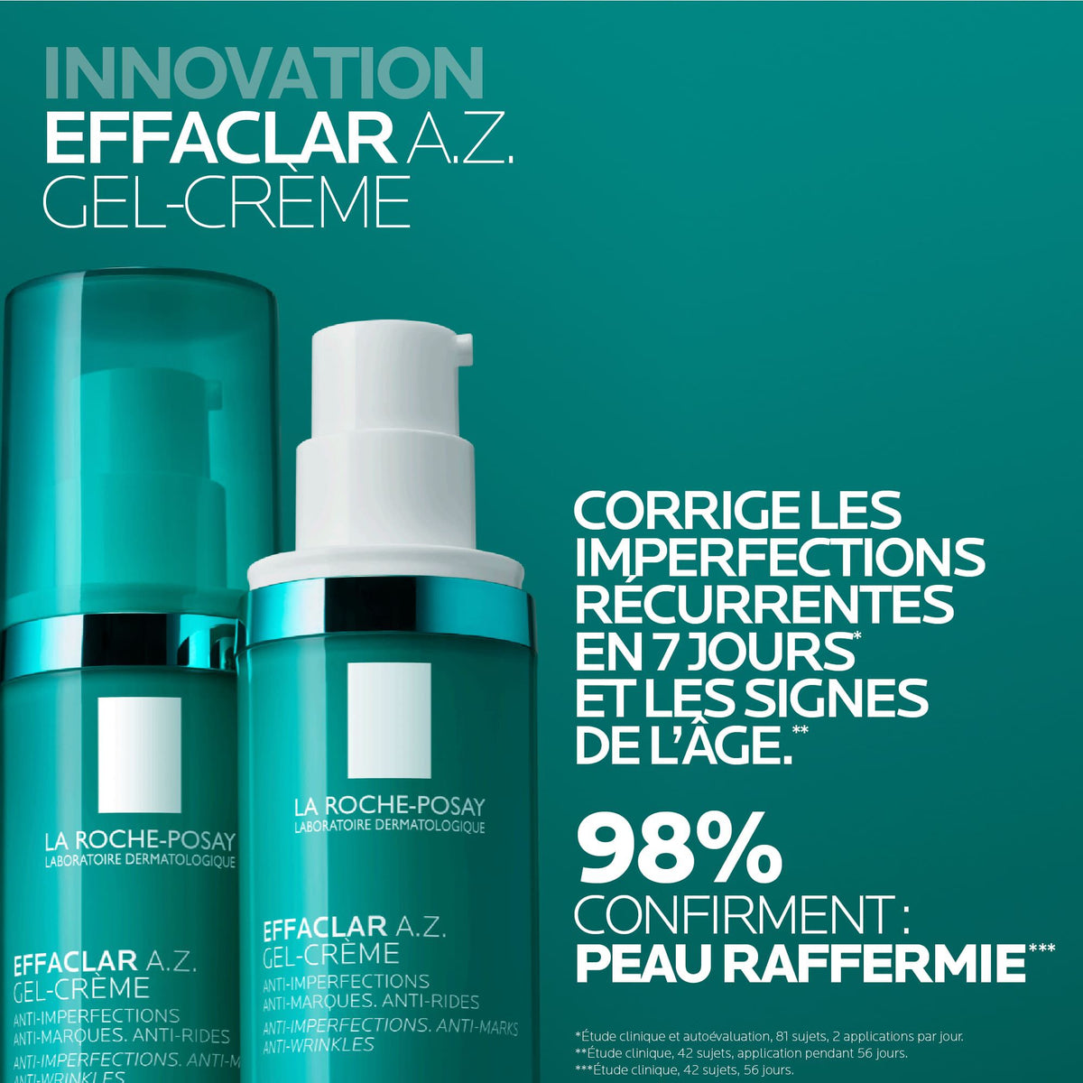 La Roche-Posay Effaclar, two pump bottles with study results in French
