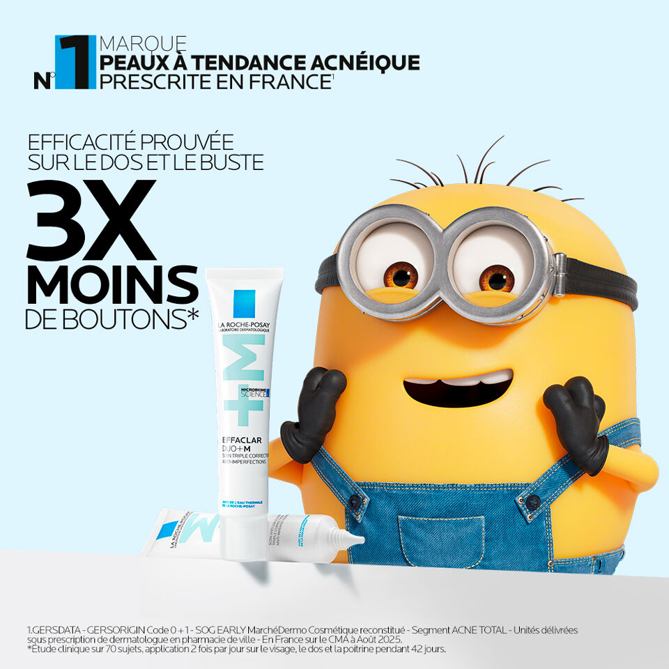 La Roche-Posay Effaclar, tube beside a Minion with study results in French