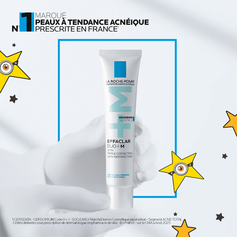 La Roche-Posay Effaclar, gloved hand holding the tube in a blue frame