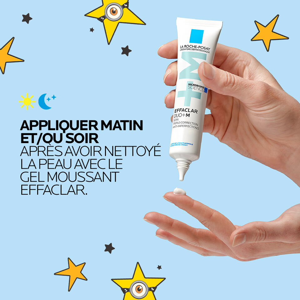 La Roche-Posay Effaclar, hand squeezing the tube with directions in French