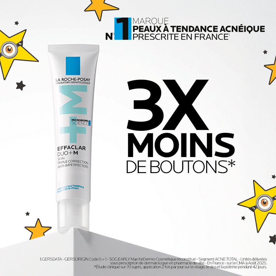 La Roche-Posay Effaclar, tube on a podium with study results in French